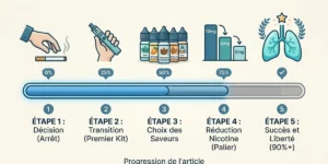 Infographie des 5 étapes clés pour réussir son sevrage tabagique avec la vape - Happesmoke Mougins